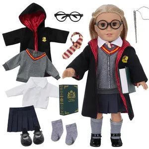 Deluxe 11pc Hermione Granger Inspired 18" Doll Outfit-Compatible with American Girl Outfit & Accessories Set Includes Robe, Wand, Book, Sweater, Shirt, Skirt, Socks, Shoes & Tie- Great Easter Gift