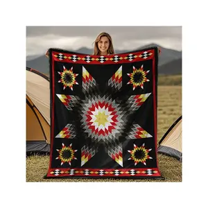 Vibrant Tribal Geometric Star Pattern Camping Blanket - Cozy Black Fleece Throw with Bold Red Yellow Design for Outdoor Adventures