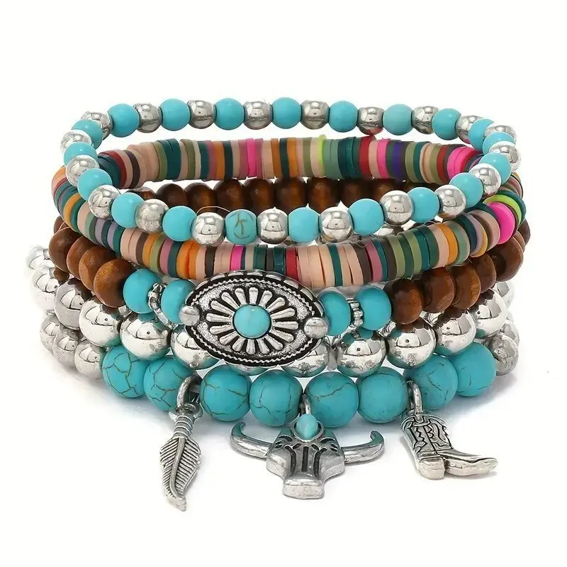 5 Pcs Cowgirl Turquoise Beaded Bracelet Set - Western Cowboy Theme, Vintage Bull Head-Feather-Boot Charms, Stackable Elastic Stretch Southwestern Style Cow Charm Bracelets & Bangles for Country Concert, Road Trips, Cowgirls, Southwestern Style Bracelets &
