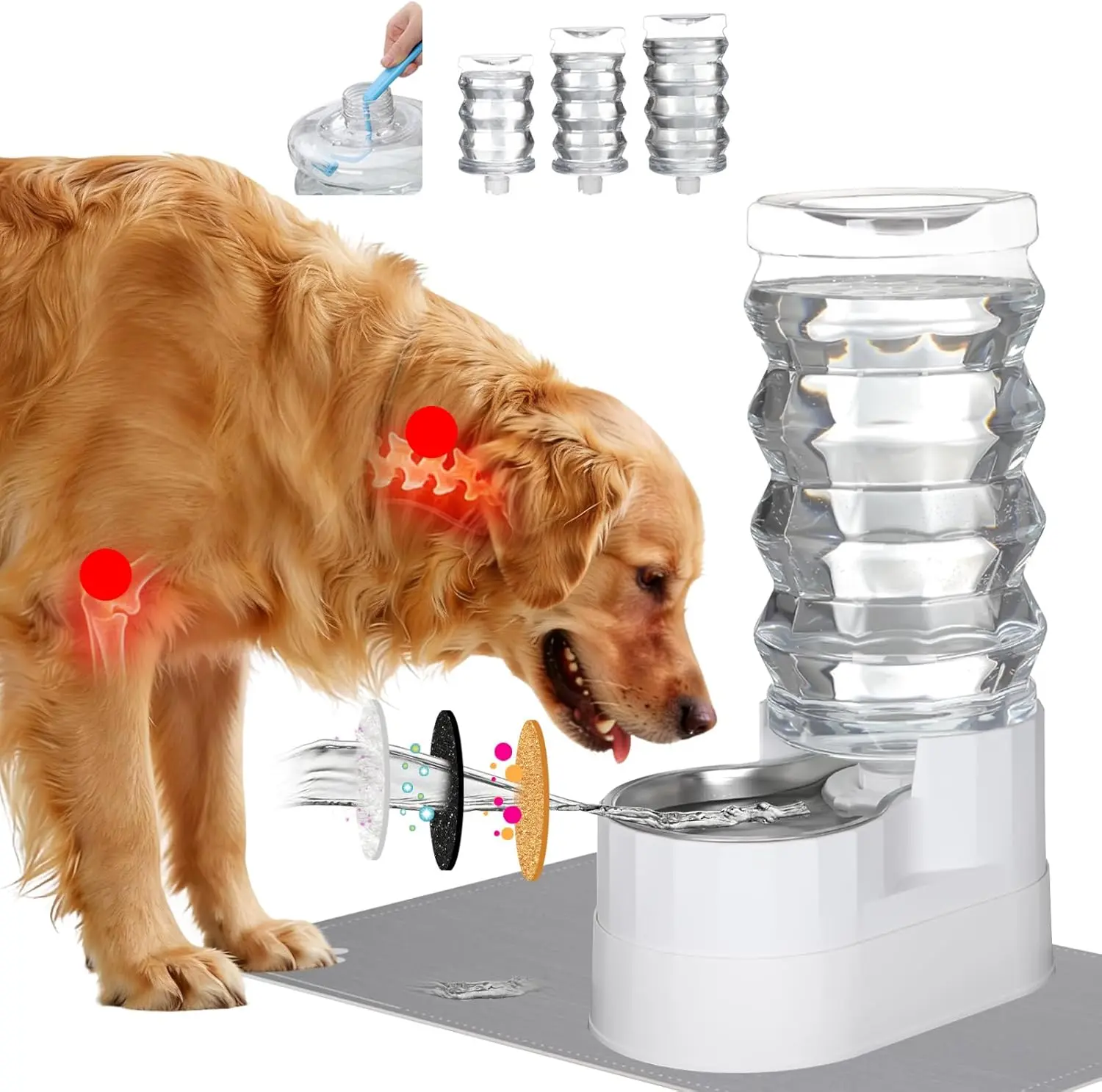 RIZZARI 9L Large Gravity Dog Water Dispenser: Ion Exchange System with Activated Carbon- Helps Prevent Urinary Stones - Removes Odors -Softens Water- Auto-Refill Stainless Steel Pet Waterer - Elevated Water Bowl