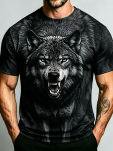 Men's 3D Wolf King Animal Print T-Shirt, Round Neck Short Sleeve Top, Summer Fashion Casual Streetwear Tee, Long Length Fitted Style