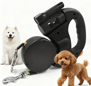 Dual Dog Retractable Leash with LED Light & Poop Bag Dispenser, 360° Swivel No-Tangle Reflective Heavy Duty Walking Leash for 2 Small Medium Dogs