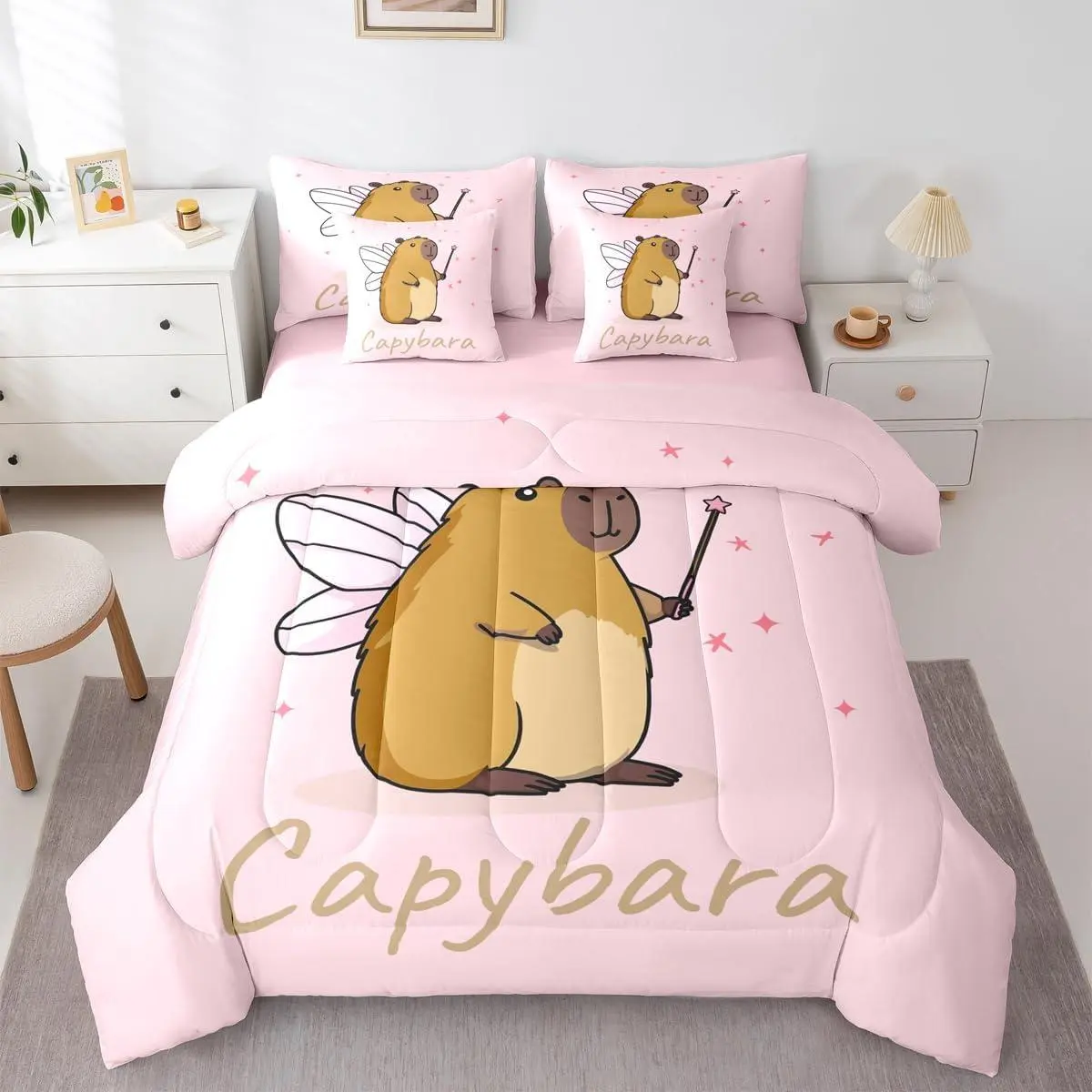 Feelyou 7-Piece Capybara Bedding Set, Fairy Stick Themed Reversible Comforter Bed Bag with Soft Breathable Rodent Animal Fitted Sheet, Microfiber Bedsheet Sets for Kids, Microfiber Bedding Set