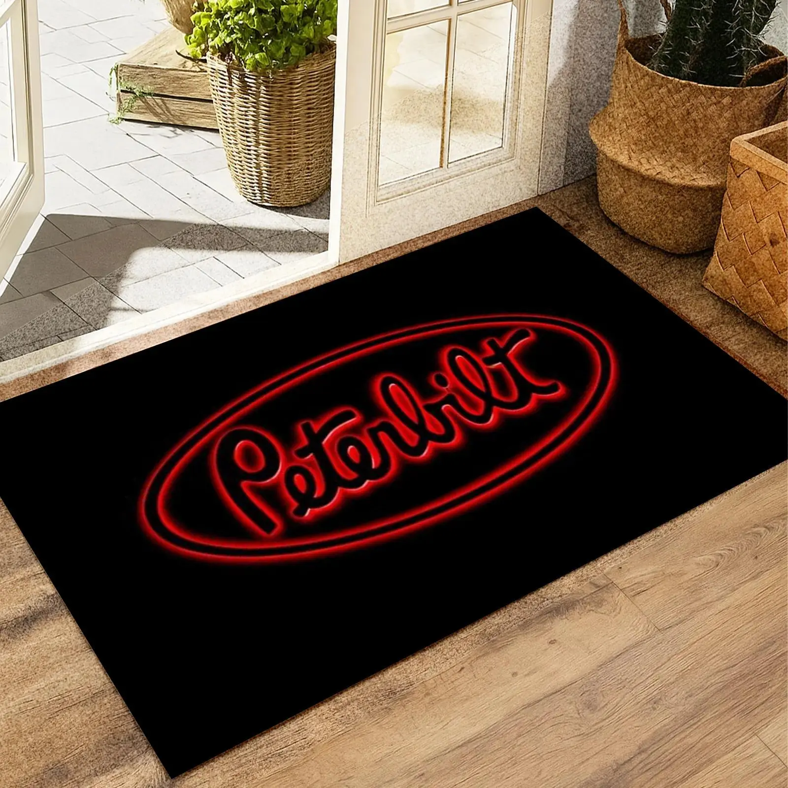 Peterbilt Neon Sign Logo Doormat – Red Glow Oval Truck Brand Floor Mat, Perfect for Truck Drivers, Garage or Man Cave Entryway Decor summerwins