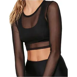 Women's Sheer Mesh Long Sleeve Crop Top  Tee Blouse Shirts Womenswear Basic Black-A Crewneck Minimalist Short