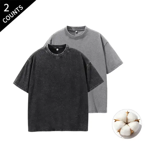 Men’s 2-Pack Acid-Wash Oversized Loose Casual Short-Sleeve Round Neck T-Shirts - Plain Beach Tee, Vintage Wash Style, Everyday Basics Menswear Top