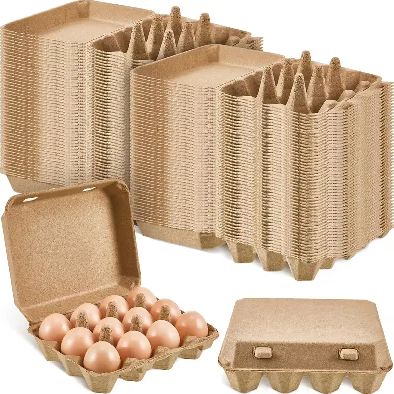 100-Pack Reusable Pulp Egg Cartons - 12-Egg 3x4 Grid Smooth-Finish Paper Cartons for Chicken/Duck Eggs - Home/Farm Use, Small Pet Interactive Bird Toys