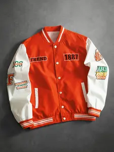 Men's Printed Casual Long Sleeve Baseball Jacket, Trendy Color Block Design for Spring & Fall, Perfect Gift for Friends & Boyfriend