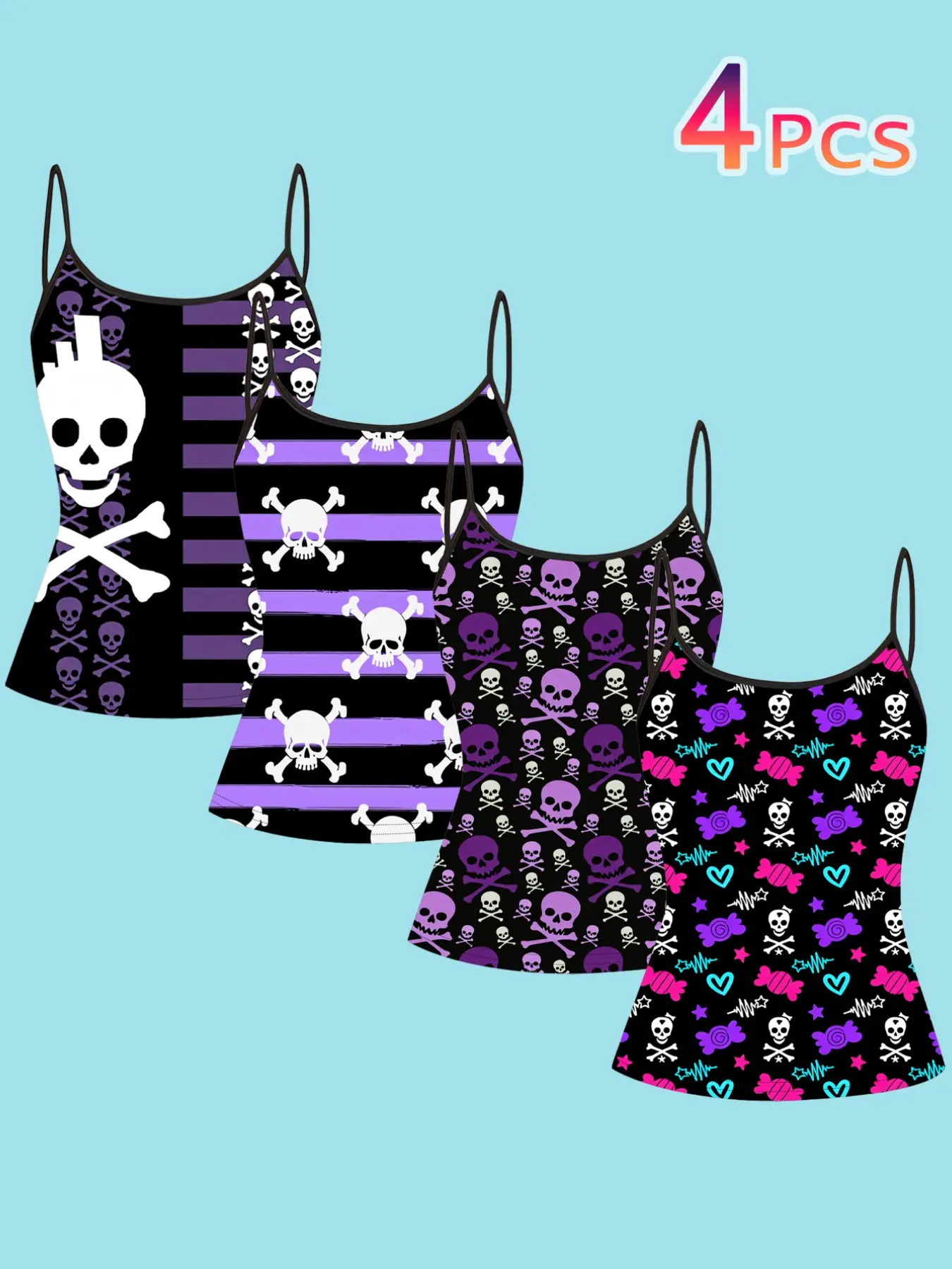 4-Piece Set Skull Strapless Casual Fitted Sleeveless Beach Tank Tops, Striped Candy Print Slim Fit Breathable Sleeveless Tees, Dark Sweet Cool Y2K Summer Outerwear Innerwear Womenswear