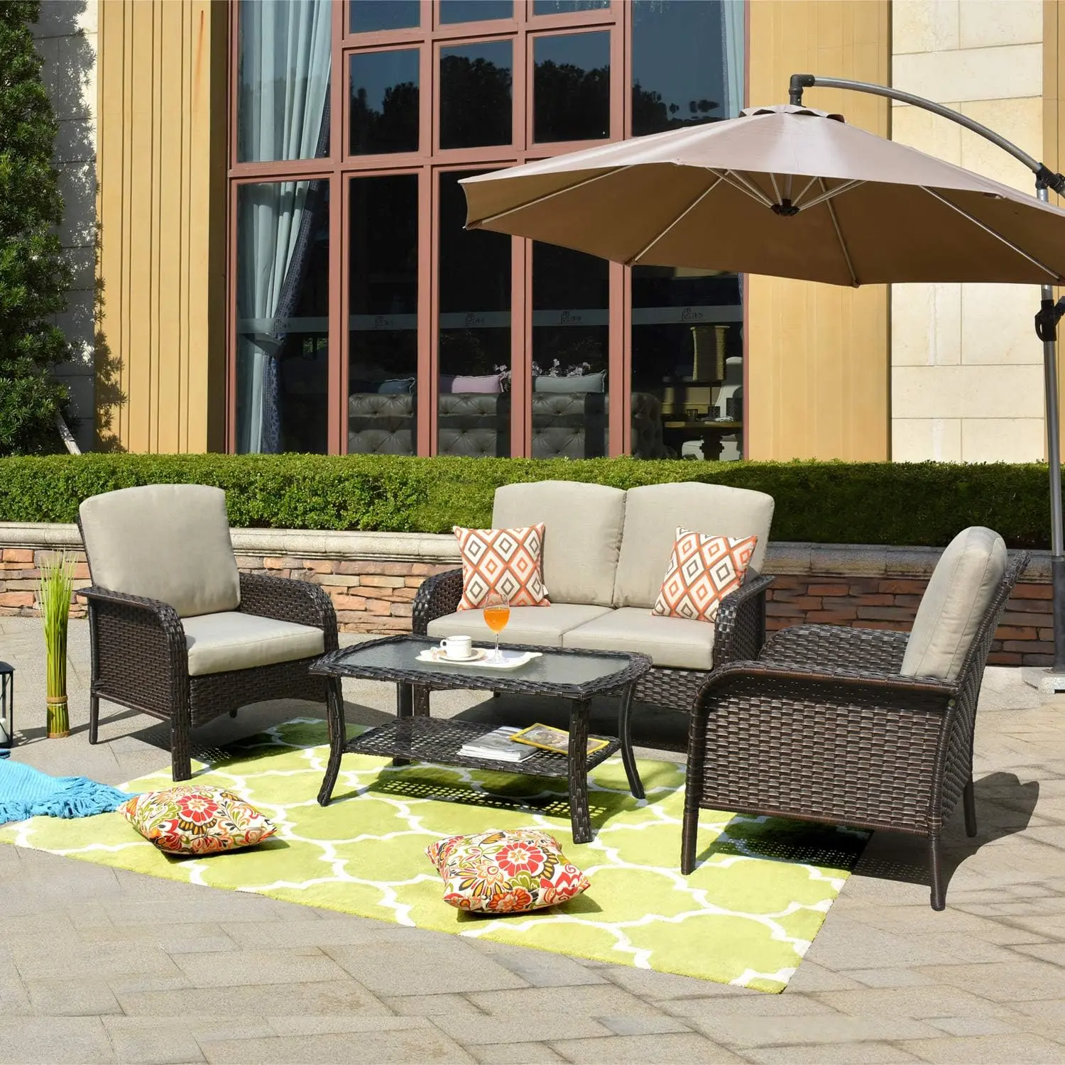 【Summerfinds】Ovios 4-Piece Outdoor Patio Furniture Set, All-Weather Wicker Conversation Set with High-Back Cushions, Coffee Table & Chairs for Backyard, Patio, Porch & Garden (Brown-Beige)