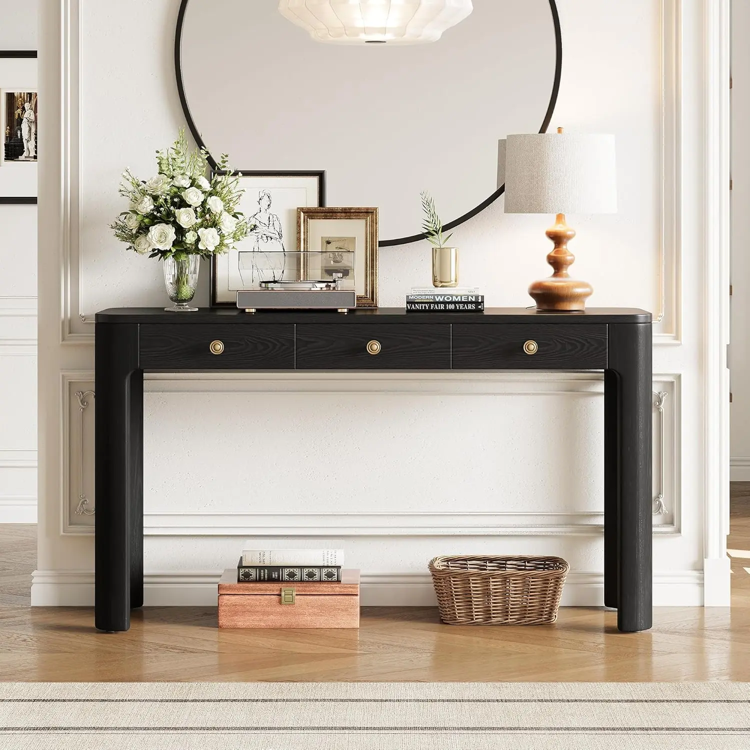 52" Console Table with 3 Drawers, Rustic Entryway Table with Curved Corners, Narrow Long Sofa Table for Living Room, Hallway, Entrance, Behind Couch, Foyer, Sturdy Thick Legs, Black