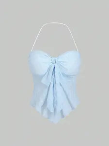 Women's Summer Solid Front Tie Halter Neck Crop Top