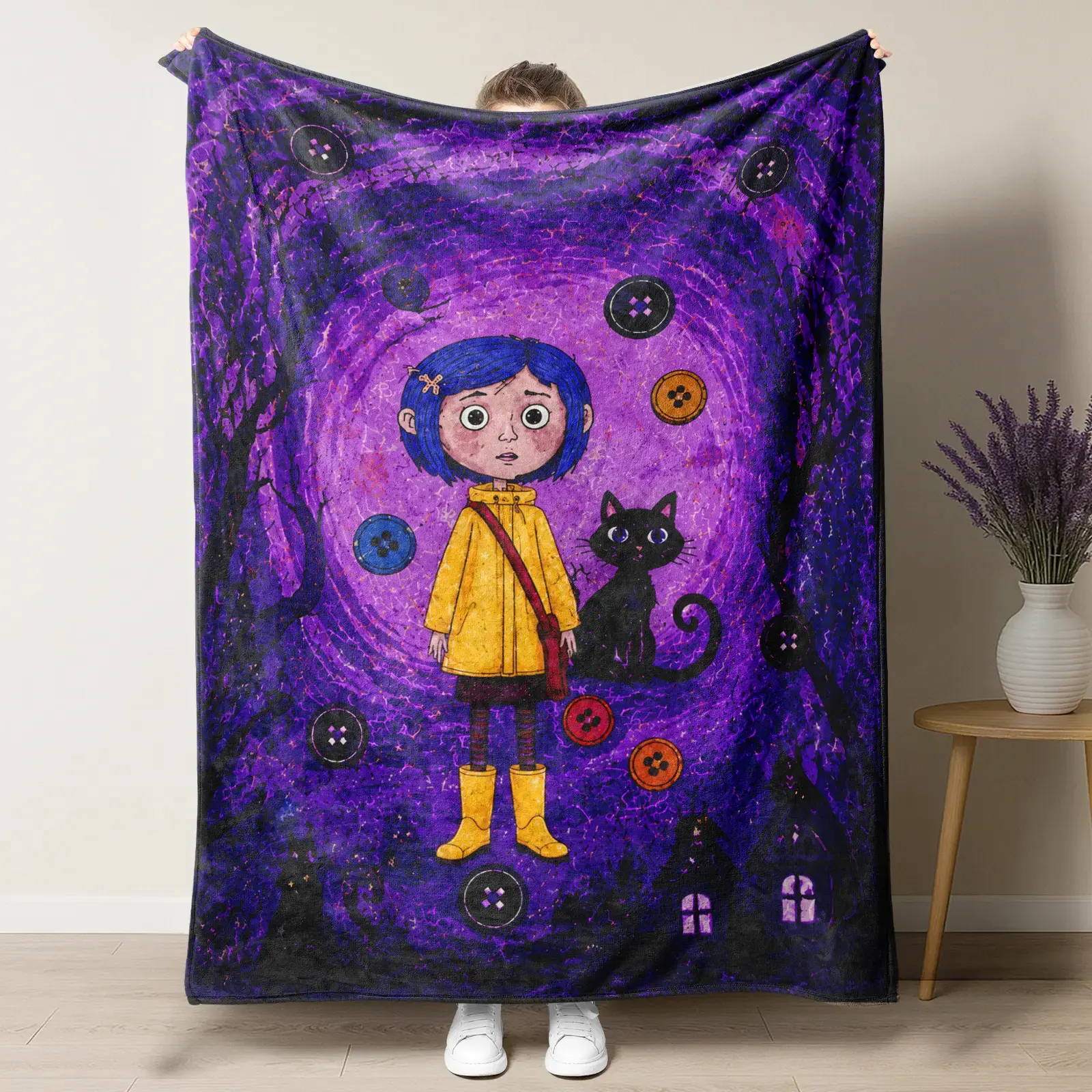 Purple Spooky Forest Button Girl Black Cat Throw Blanket, Dark Fantasy Creepy Cartoon Art Flannel Blanket, Gothic Halloween Aesthetic Cozy Blanket for Bedroom Sofa