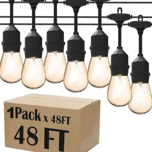 LED Shatterproof String Lights Commercial Grade with 15 Hanging Sockets 48 Ft Black Outdoor Weatherproof Cord Strand for Patio Garden Porch Backyard Bistro Gazebo Party Deck Yard