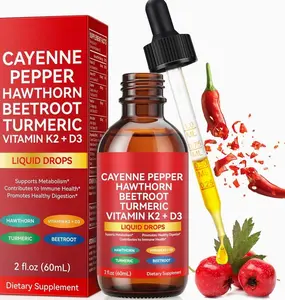 Cayenne Pepper Drops, Cayenne Pepper Supplement, with Hawthorn Berry, Vitamin D3 K2 Beet Root Powder, Ceylon Cinnamon, Turmeric Curcumin, Vegan-Friendly, Easily Absorbed - 60ml