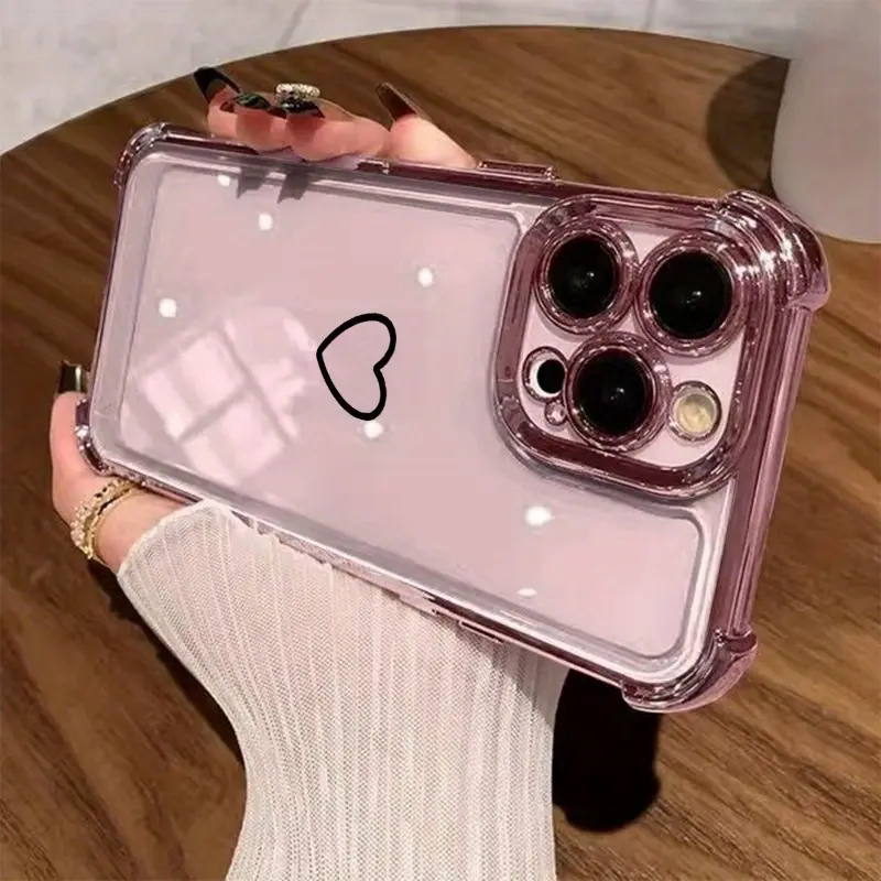 Transparent Electroplated Heart Pattern 4-Corner Crash-Proof Cellphone Casing, Handheld Devices Protection Accessory for iPhone 17 Pro Max, 16, 15 Plus, 14, 13, 12, 11, SE