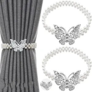 Faux Pearl Decor Curtain Tieback, 4pcs Butterfly Design Creative Curtain Holdback, Home Decor for Living Room Bedroom, Window Curtain Accessories