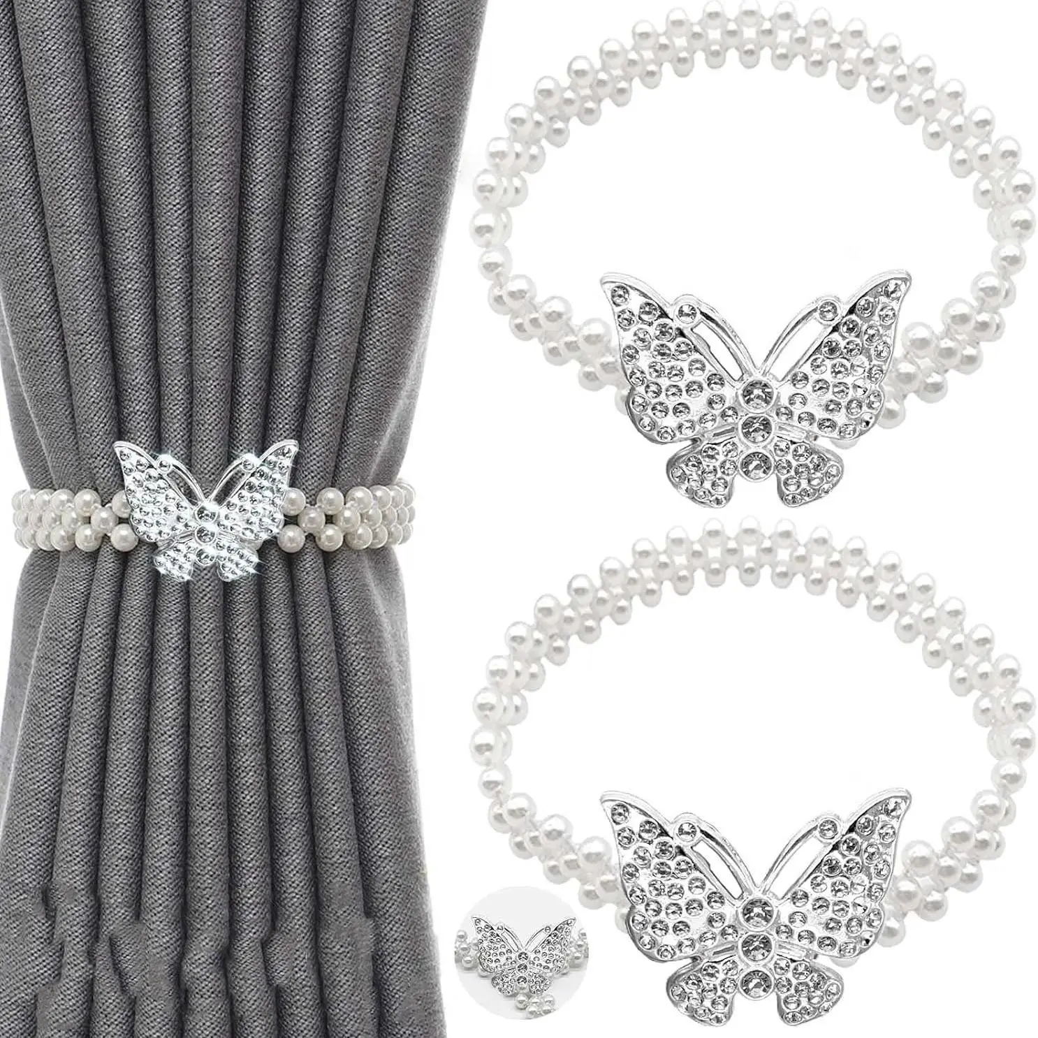 Faux Pearl Decor Curtain Tieback, 4pcs Butterfly Design Creative Curtain Holdback, Home Decor for Living Room Bedroom, Window Curtain Accessories