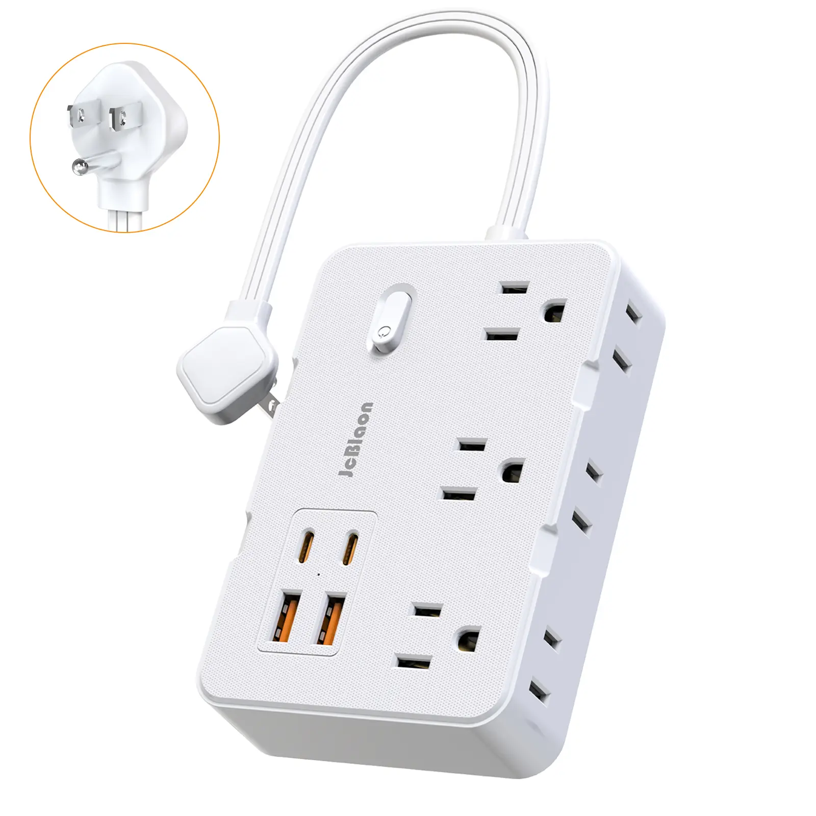 JcBlaon 10-in-1 Multi-functional Surge Protector Power Strip - 6 AC Ports, 4 USB Ports (2 USB-C), Fast Charging, 2-Side Layout, 0.5FT Compact Portable Extension, Wall-mount for Office Desk Space Saving, 110-240V, White