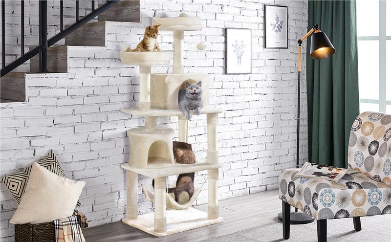 【Valentine Gift】Yaheetech 62.2in/70.5in Cat Tree Cat Tower Cat Condo with Platform & Hammock, Scratching Posts for Kittens Pet Play House with Plush Perch for Indoor Activity Relaxing