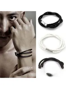 Minimalist Multi-Layer Wrap Leather Bracelet, Braided Leather Cord with Insert Buckle