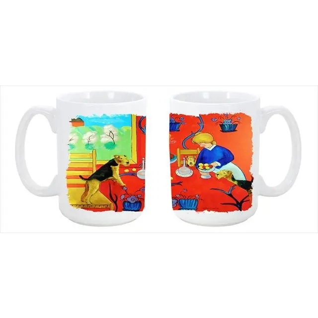 Airedale Terrier with lady in the kitchen Dishwasher Safe Microwavable Ceramic Coffee Mug 15 oz.