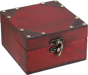 ELLDOO Small Jewelry Treasure Chest Box, Vintage Pirate Keepsakes Box for Gifts, Red Wedding Wooden Storage Box Decorative for Pearl Trinkets Tarot Cards Chakra Stone