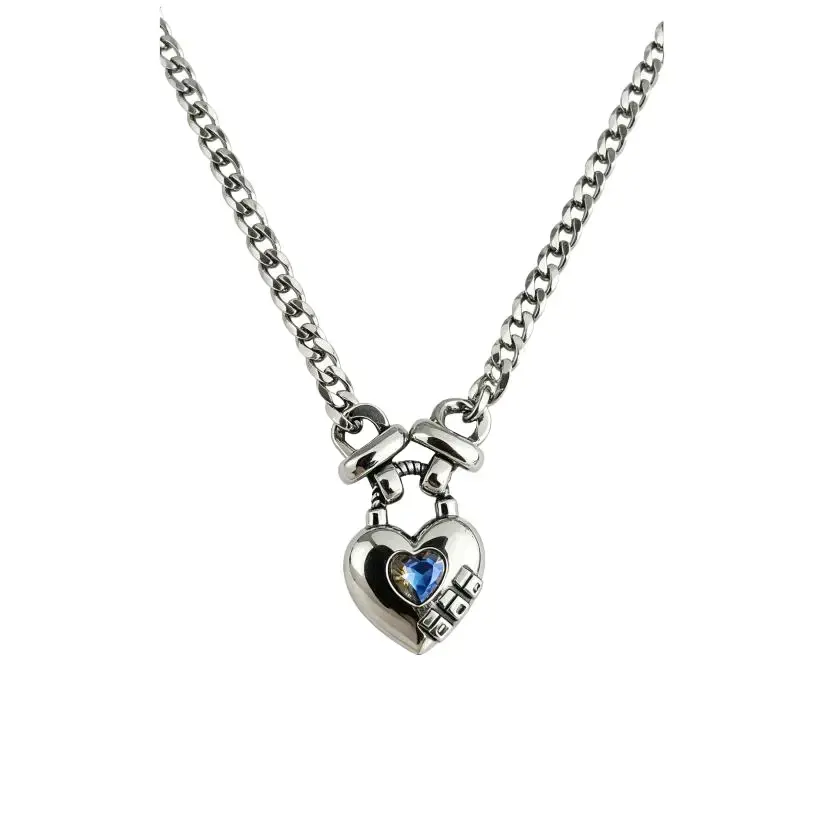 Romantic Heart Lock Necklace with Silver Chain, Blue Gemstone Pendant, Elegant Costume Jewelry for Daily Wear, Anniversary Gift