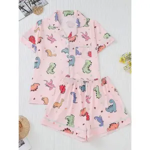 2pcs Women’s Pajama Set with Cute Dinosaur Print, Collared Short Sleeve Cardigan Top and Shorts, Fun Sleepwear for All Seasons & Lounge V0YW