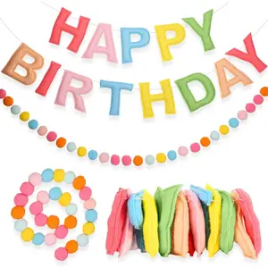 2Pcs 118 Inch Pre-Strung Happy Birthday Banner - Felt Ball Garland -Pastel Happy Birthday Garland Birthday Party Decorations Party Garland for Wall Décor