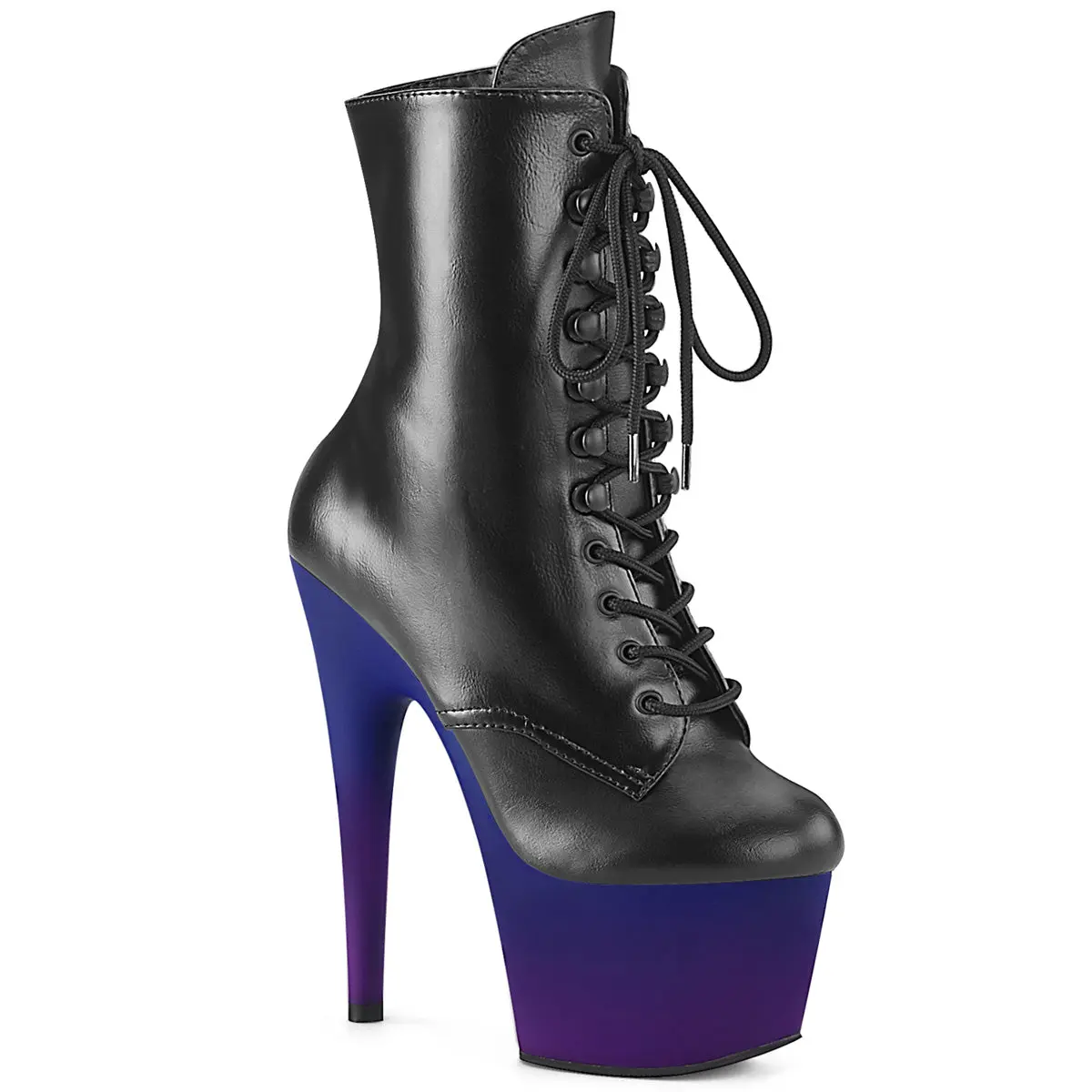 Women's Vegan-Friendly Synthetic Lace-Up Ankle Boot Footwear, 7-in Stiletto High Heels, Blue-Purple Ombre Platform, Side Zip Ethical Choice Shoes, Vegan Leather, Unique, Bold Look, Exotic Dancers, Fashion, Laces, Leather & Faux Leather