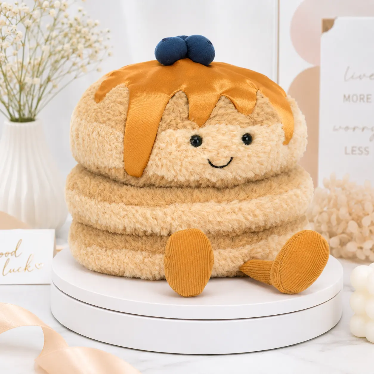 Jellycat Stacked Pancakes Soft Plush Toy - Smiling Face Breakfast Stuffed Toy with Syrup, Blueberries, Collectible Gift Item