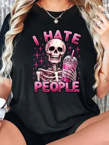 [Bold Statement T-Shirt] Women's Casual Crew Neck T-Shirt | Bold Statement Shirt with "I HATE PEOPLE" Skeleton Graphic Print, Short Sleeve, Regular Length, Spring/Summer Top, Stretchy Fabric
