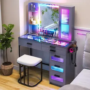 43" RGB Vanity Desk Set, Makeup Dressing Table with Dimmable RGB Lighted Mirror, Glass Top, USB & Type‑C Ports & Wireless Charging Station, 6 Large Storage Drawers & Cushioned Stool, Bedroom Vanity Table for Women Girls