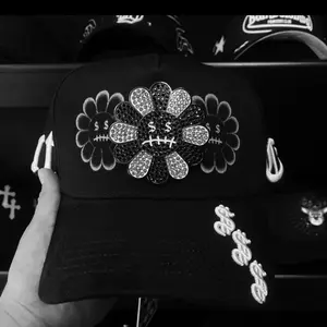 Black Floral Design Baseball Cap with Rhinestone Accents and Dollar Sign Embroidery