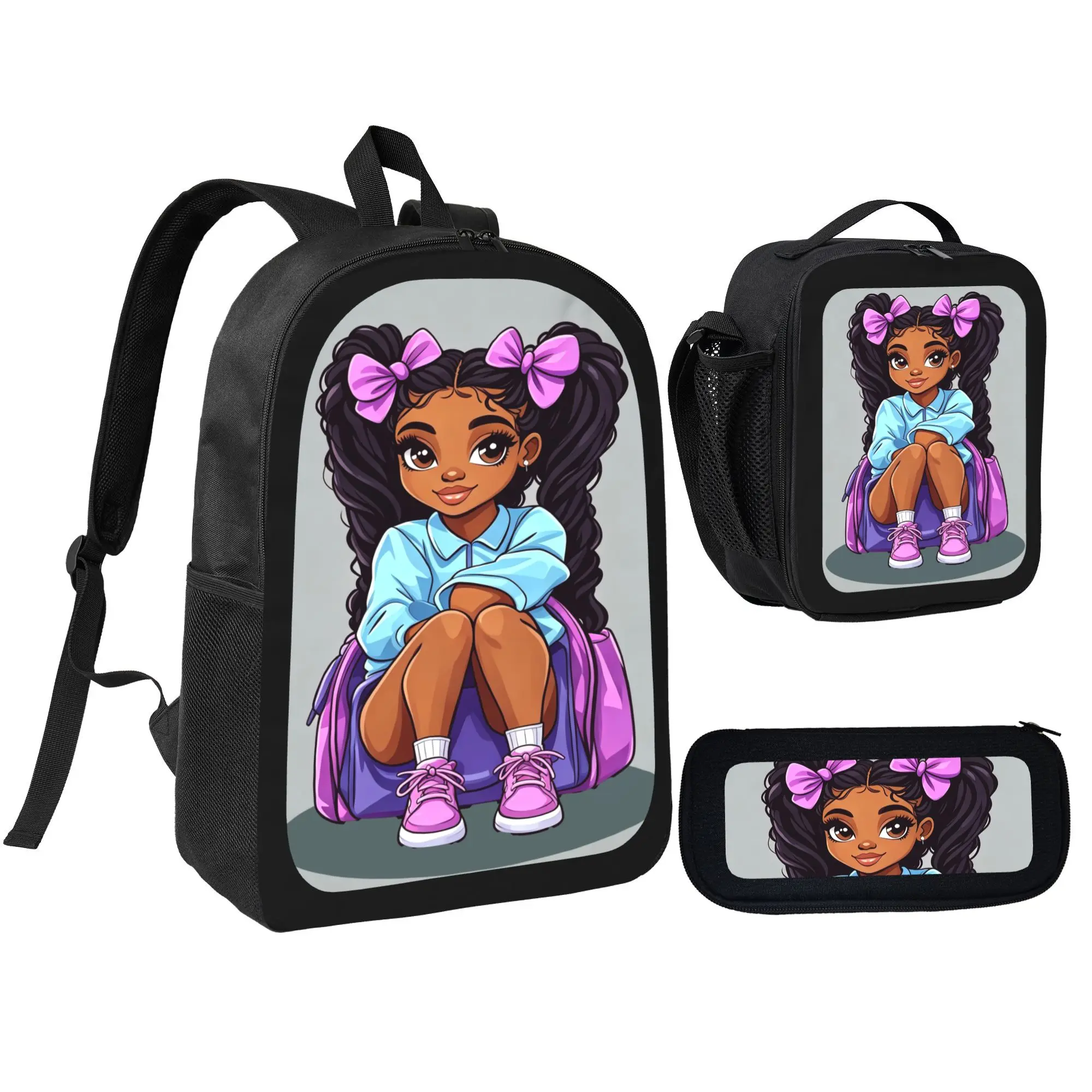 Girls' African Print 3-Piece School Backpack Set, Lunch Bag, Pencil Case, Backpack