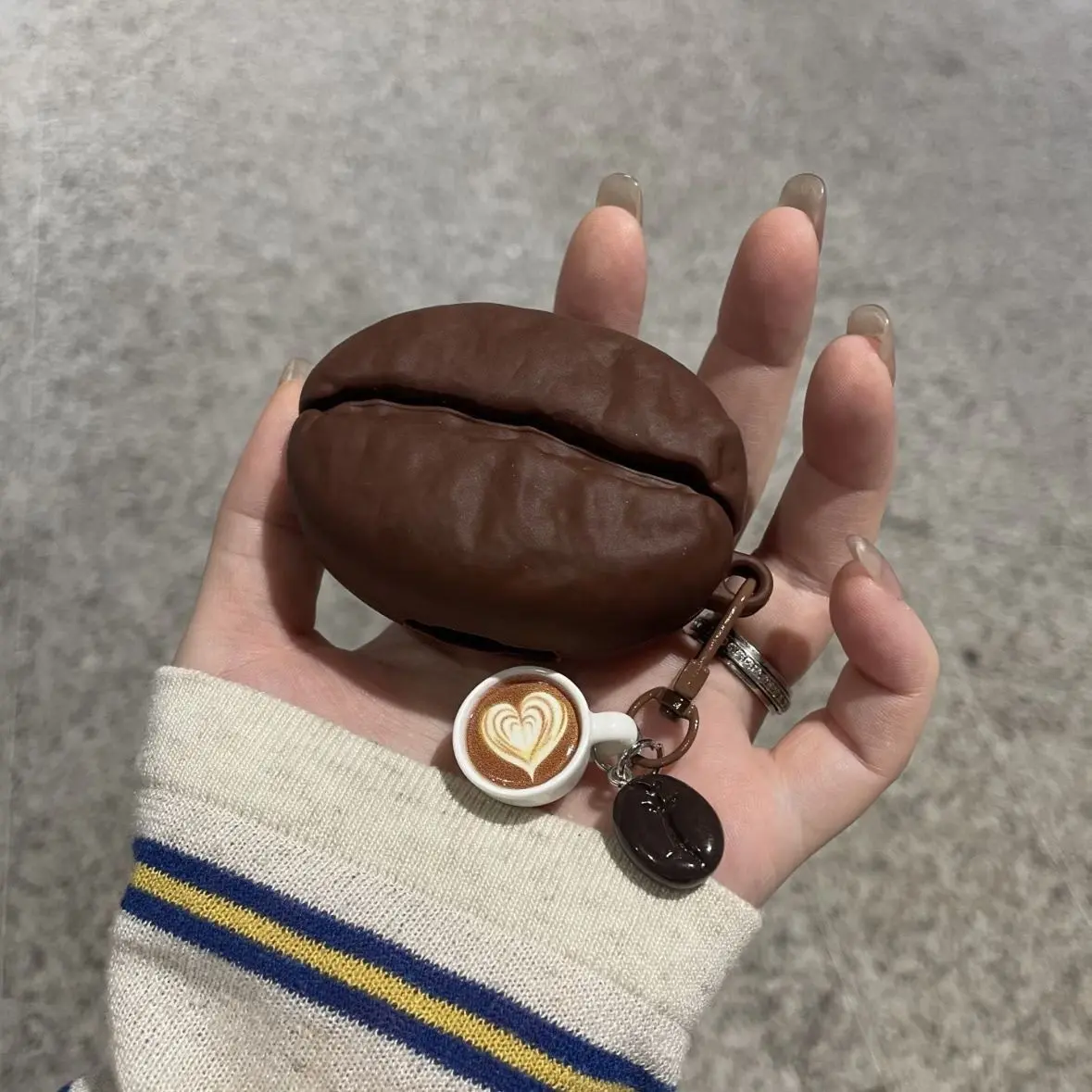 Coffee Bean Keychain with Heart Design and Coffee Cup Charm