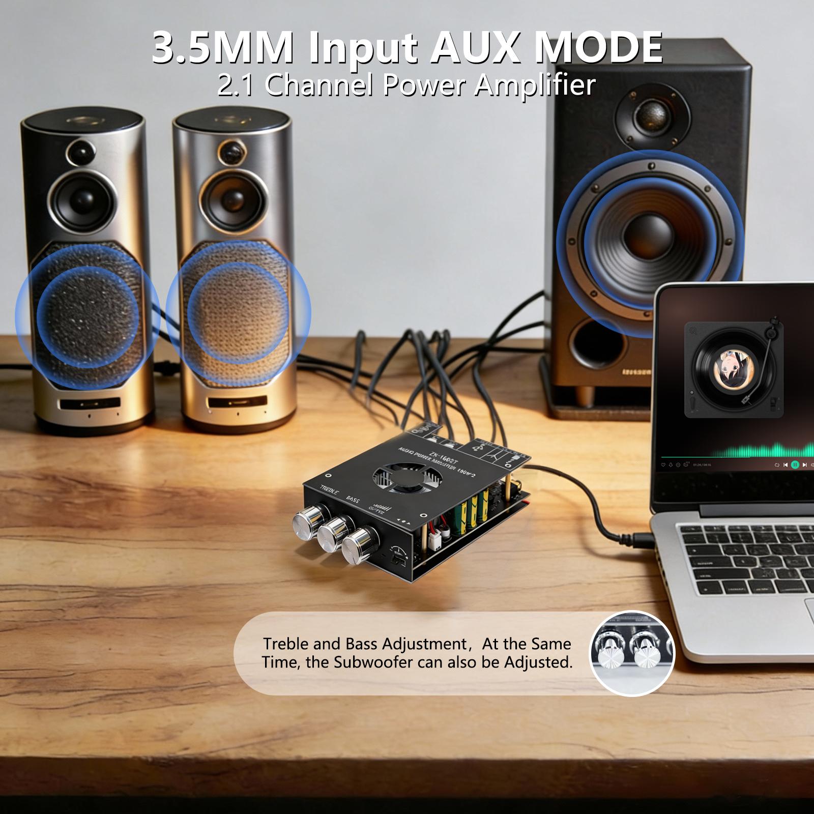 Bluetooth 5.0 Audio Stereo Amplifier Board,160 * 2W HiFi 2.1 Channel Mini Amp Module with Treble & Bass Control with AUX and USB Input,DC 15-36 V for DIY Home Speakers