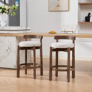 Set of 2 Swivel Counter Stools,Mid-Century Modern Bar Stools with Back,26 Inch Seat Height,Solid Wood Frame,Soft Linen Upholstered Bar Chairs with Footrest,Ideal for Kitchen Island,Beige