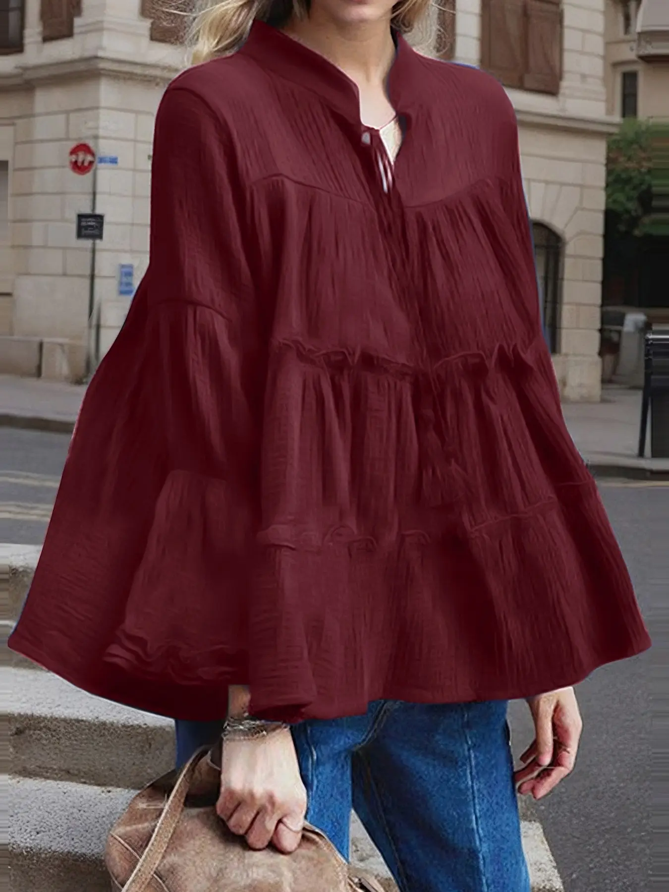 ZANZEA Women's Solid Color Shirt Blouse, Casual Stand Collar Tie-Belt Pleated Long Sleeve Flare Sleeves Wood Trim Design, Boho Style Blouse, Suitable for Daily Commuting, Blouse Tops, Womenswear