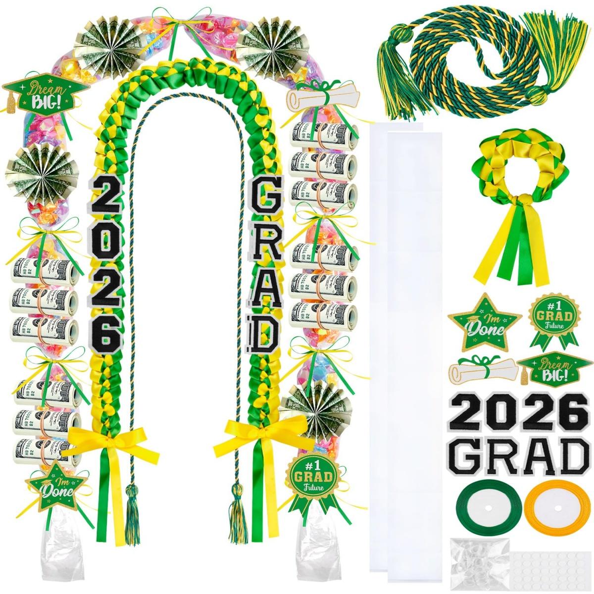 ONERIR 2026 Graduation Leis 18 Pcs - Vibrant Yellow Green Double Ribbon Youthful Class of 2026 Graduation Candy Lei Set Unisex Graduation Party Decorations Gift
