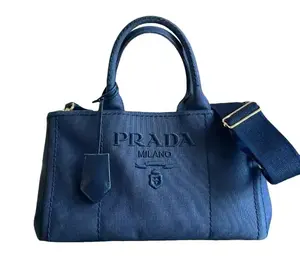 Pre-owned PRADA cotton canvas Tote Bags Jardinière Large Navy Blue Tote