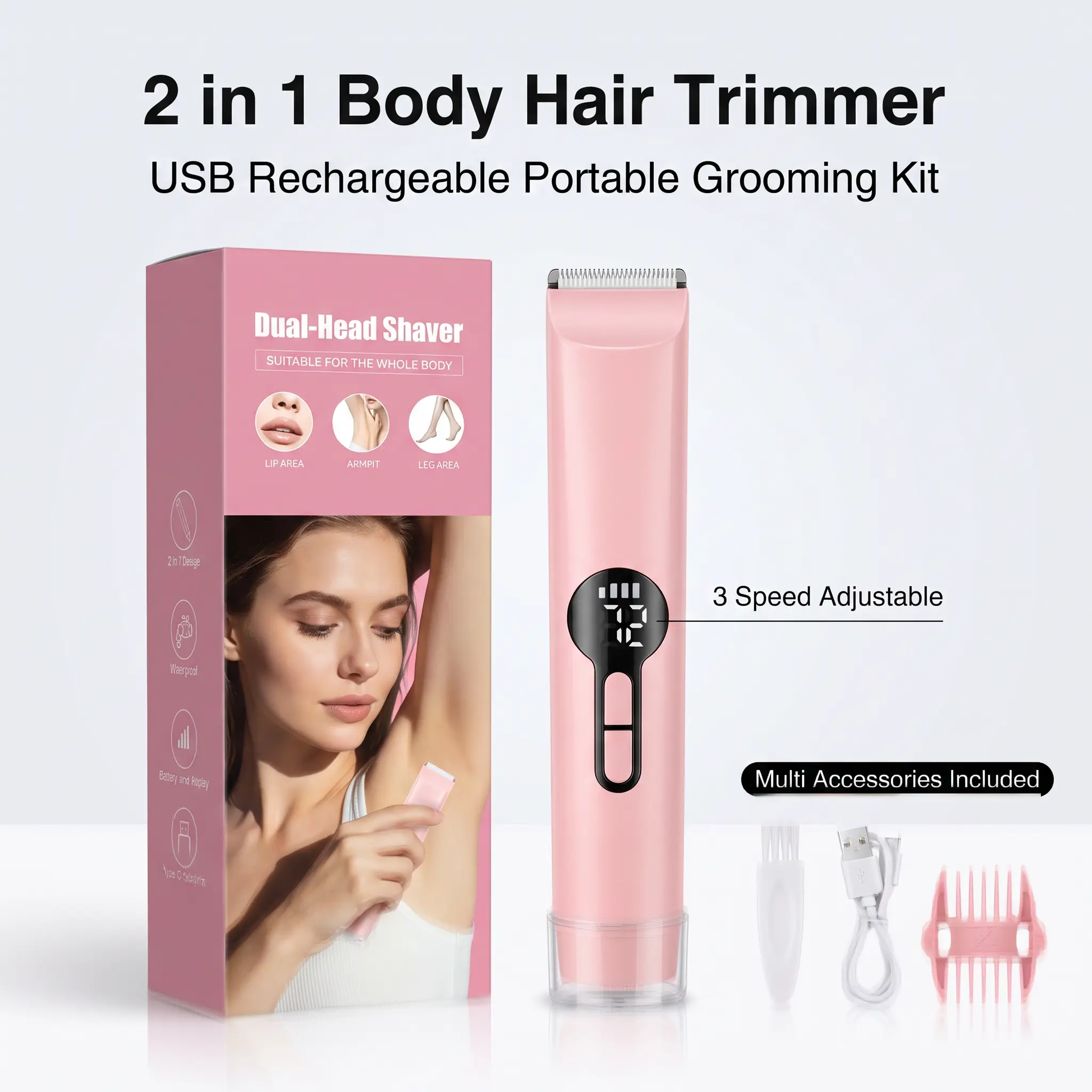 2-IN-1 Full Body Use Gentle Precise Pink Hair Removal Device for Face to Bikini Legs Armpits Cheeks Upper Lip Chin