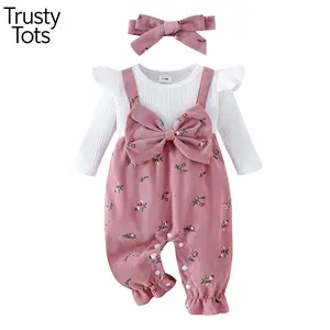 Trusty Tots Baby Girls Long Sleeve Romper Floral Print Fake Two Pieces Patchwork Bow Jumpsuits and Cute Headband Set Long Sleeve Floral Bow Print Jumpsuit with Headband Baby Clothes