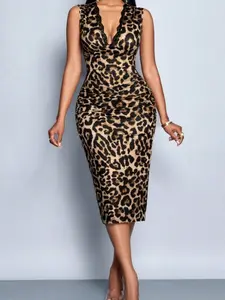 Fashion Leopard Print V Neck Back Slit Sleeveless Quick-Dry Fit Bodycon Lace Trim Statement Dress, Women's Summer Chic Casual Party Dress, Womenswear