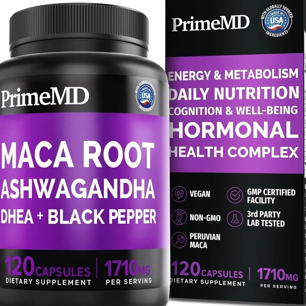 6-in-1 Organic Maca Root Ashwagandha Capsules 1710mg with DHEA and Black Pepper Fruit Extract for Women and Men - Black Maca Supplement for Stamina, Bone and Mood Support Supplement, 120 count