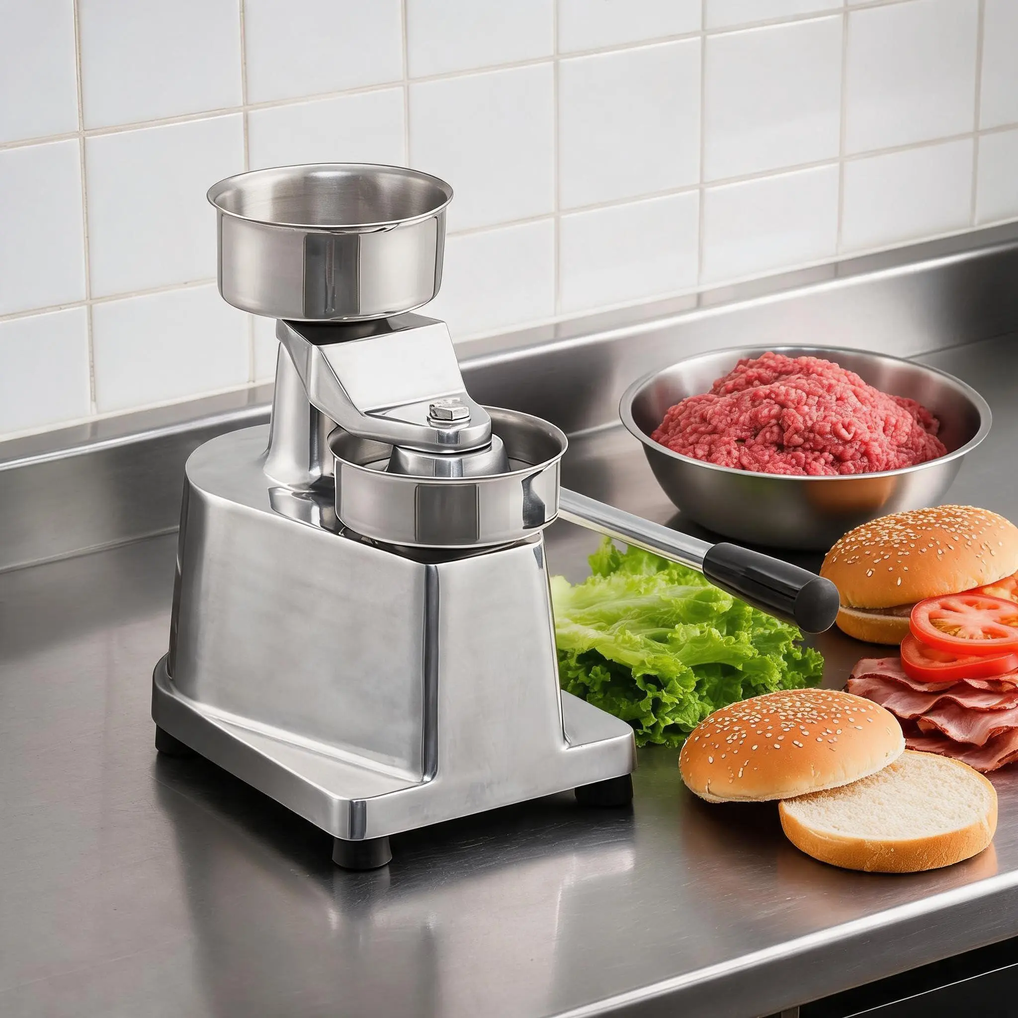Commercial Stainless Steel Burger Maker Kit - 4-in Round Shaped Mold, 500 Patty Papers, 1-Button Reset, Ergo Lever, Compact Mechanical Solid Metal Washable Kitchen Body, Holder, 100+ Per Hour Prep Press
