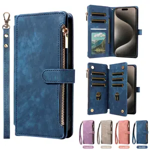 Multifunctional Vintage Zipper Leather Wallet Case Card Holder Shockproof Cover for iPhone 16/17 Pro Max Samsung S25