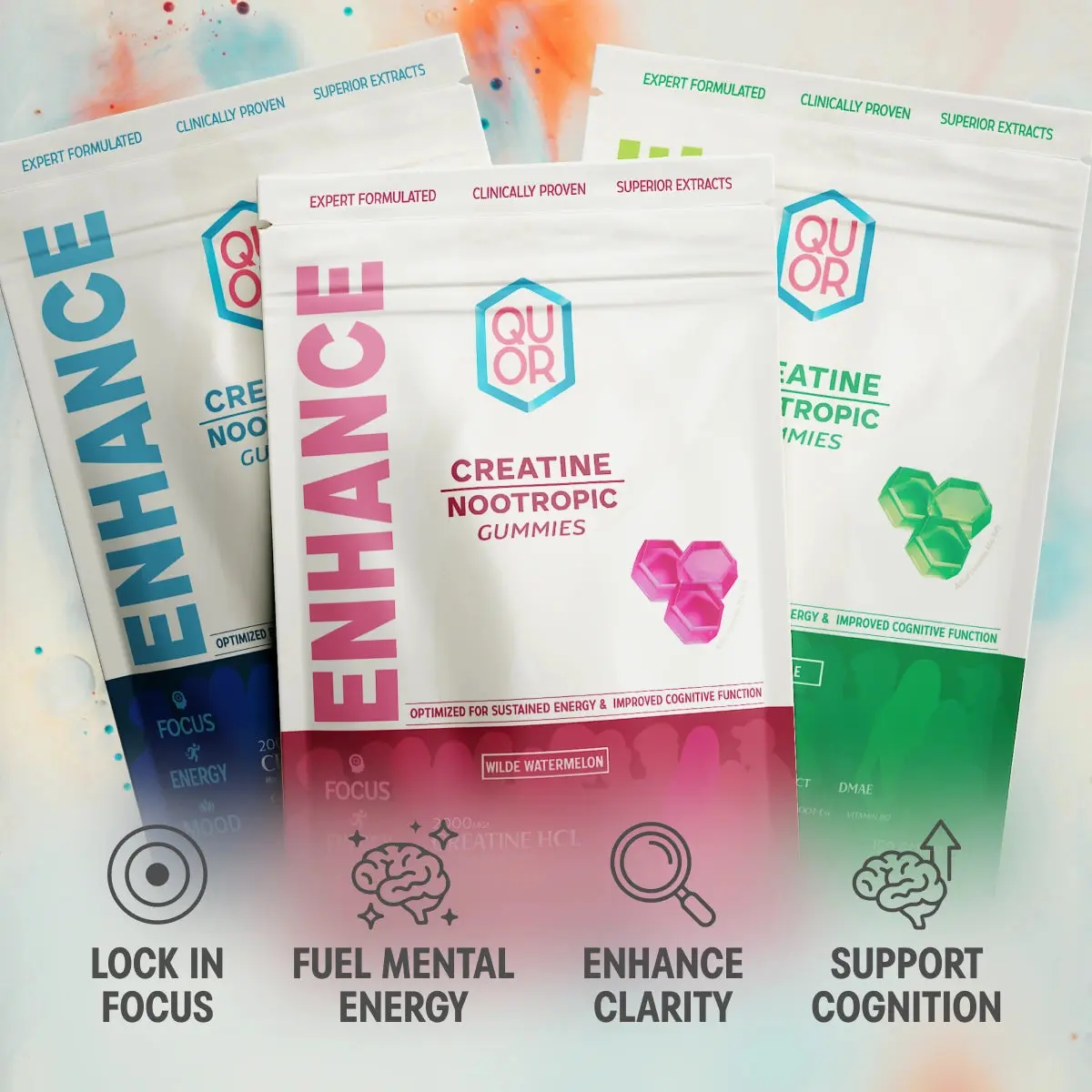 QUOR Enhance Creatine Gummies for Men & Women | 2000mg Creatine HCl + Nootropic Stack | Cordyceps, L-Theanine, B12 | No Bloating, No Loading, Vegan | Focus, Energy & Strength