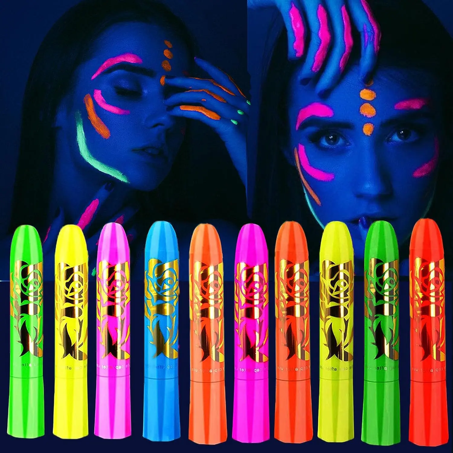 Neon UV Glow Face and Body Paint Crayons - Water-Based, Alcohol-Free, Glossy, Smoothing Tube Makeup, Safe for All Skin Tones, Long-Lasting Shine, UV Light-Reactive, 24-Month Shelf Life, Single Item with Magical Touch for Halloween Parties